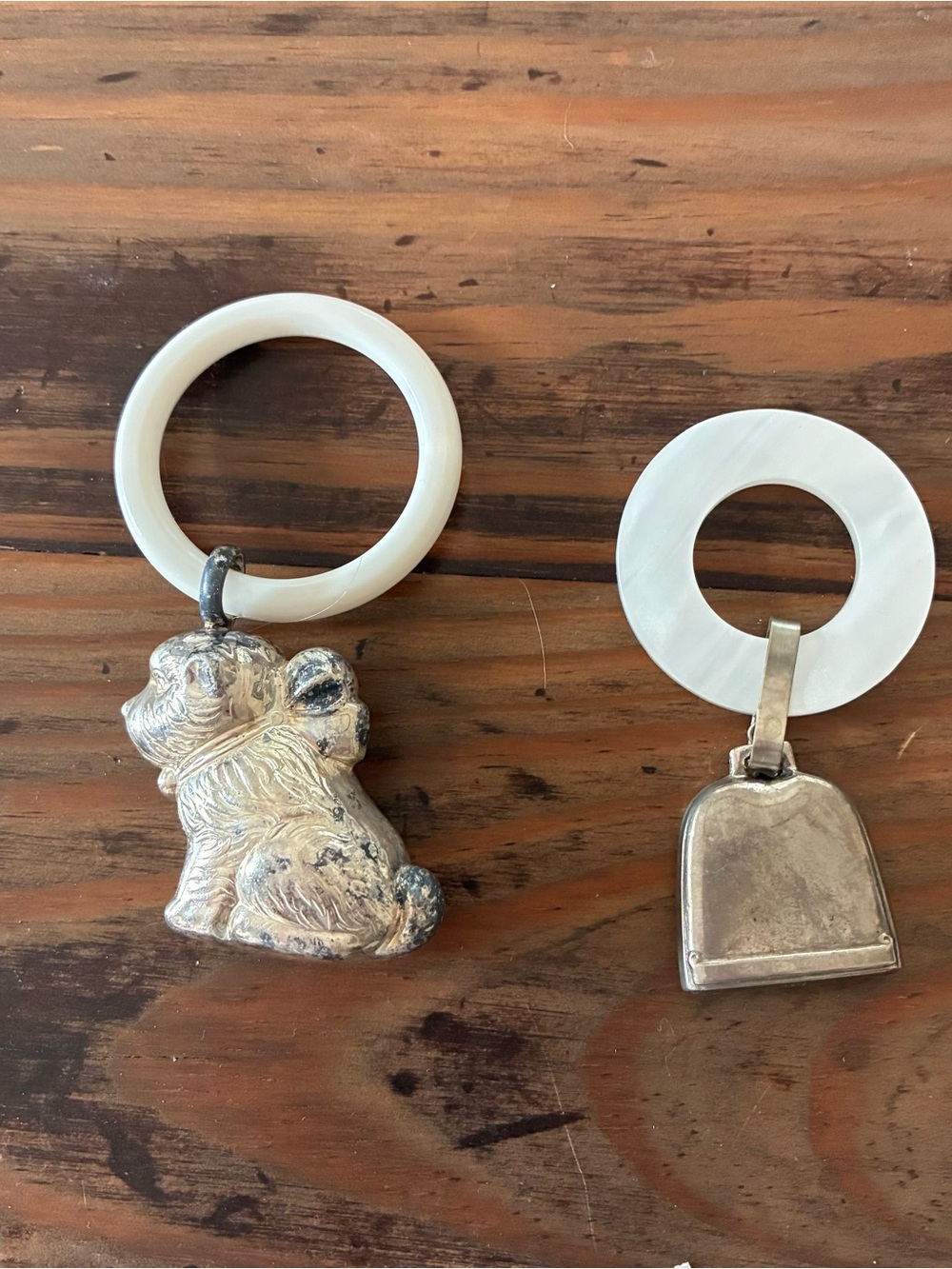 Vintage Silver Dog & Charm Rattles with White Resin Rings